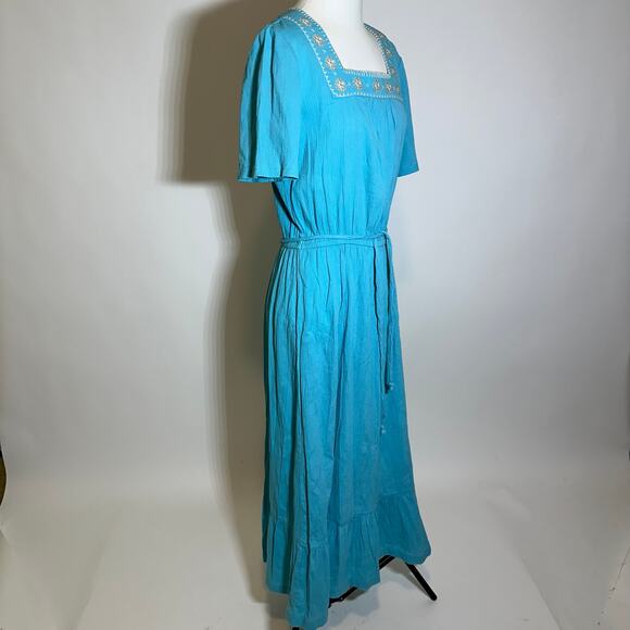 Denim & Company D & Co Blue Embroidered Floral Belted Maxi Dress Womens Small S - Picture 4 of 11